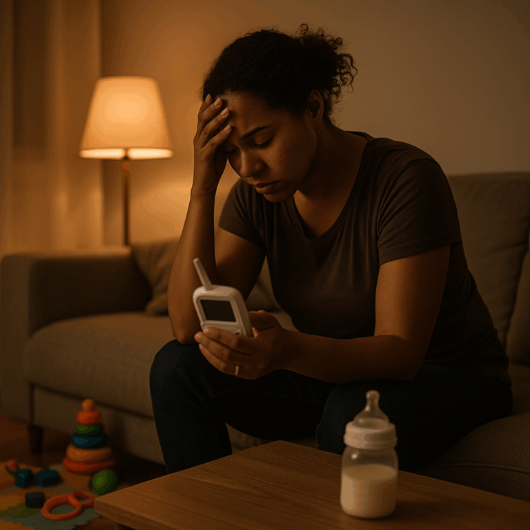 A tired mother sits on a couch at night holding a baby monitor, surrounded by toys and a baby bottle.
